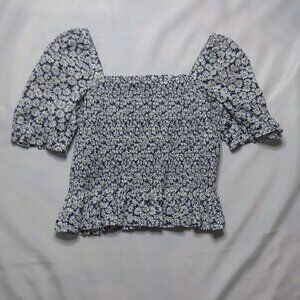 J.CREW womens SHIRT floral SMOCKED navy blue CROPPED casual BLOUSE top SIZE M